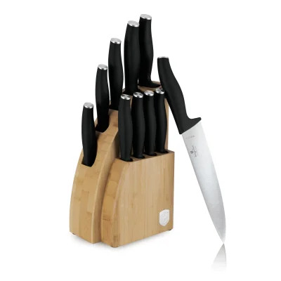 SET 10 CUTITE DE BUCATARIE CU SUPORT DIN BAMBUS, NEGRU-ARGINTIU BH/2979