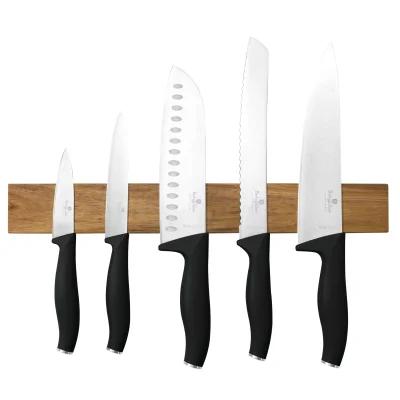 SET 6 CUTITE DE BUCATARIE CU SUPORT MAGNETIC DIN LEMN, NEGRU-ARGINTIU BH/2943